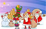 Cartoon Illustration of Santa Claus Group with Presents and Snowman and other Christmas Characters