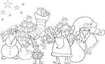 Black and White Cartoon Illustration of Santa Claus Group with Presents and Snowman and other Christmas Characters for Coloring Book