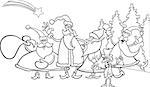 Black and White Cartoon Illustration of Santa Claus Group with Elf Christmas Characters for Coloring Book