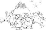 Black and White Cartoon Illustration of Santa Claus Group Christmas Characters with Big Sack of Gifts for Coloring Book