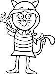 Black and White Cartoon Illustration of Cute Little Girl in Cat Costume for Fancy Ball for Coloring Book