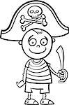 Black and White Cartoon Illustration of Cute Little Boy in Pirate Costume for Fancy Ball for Coloring Book
