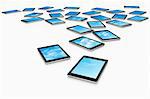 Large group of digital tablets displaying choice of blue skies