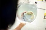 Dental technician looking through magnifier at denture