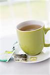 Used Tea Bag on Saucer with Cup of Tea in Green Mug, Studio Shot