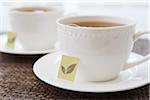 Two white porcelain teacups with saucers and tea bags, studio shot