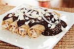 Chicken enchiladas with mole sauce, onion rings and goat's cheese