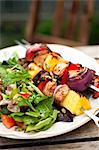 Barbecued chicken kebabs with salad on a garden table