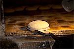 Unbaked bread on a wooden bread peel in the oven