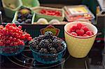 Assorted berries in bowls and packaged in a crate