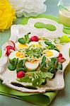 Hard-boiled eggs with horseradish, radishes, lamb's lettuce and cress for Easter
