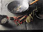 A still life featuring ingredients and utensils for smoking