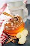 Honey with dipper, apple slices and cinnamon