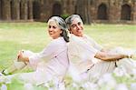 Mature couple sitting back to back on grass in a park, Lodi Gardens, New Delhi, India