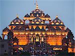 Temple lit up at dusk, Akshardham, Delhi, India