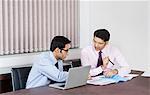 Two businessmen reviewing pie charts