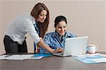 Two businesswomen looking at a laptop