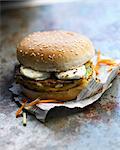 Vegetable fritter and goat's cheese burger