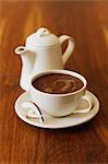 Cup of hot chocolate and chocolate pot