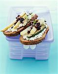 Cream cheese,zucchini,asparagus and tapenade open sandwich