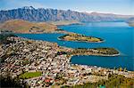 Aerial view of Queenstown, Lake Wakatipu and the Remarkables Mountain Range, Otago, South Island, New Zealand, Pacific