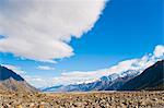 Rugged mountain scenery and snow capped mountain, Aoraki Mount Cook National Park, UNESCO World Heritage Site, South Island, New Zealand, Pacific