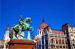 Bronze equestrian Monument of Ferenc II Rakoczi, Prince of Transylvania, in front of Hungarian Parliament Building, Budapest, Hungary, Europe