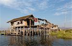 Houses built on stilts in the village of Nampan on the edge of Inle Lake, Myanmar (Burma), Southeast Asia