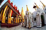 Fisheye image of temples and shrines at Shwedagon Paya (Pagoda), Yangon (Rangoon), Myanmar (Burma), Asia