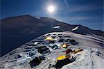 Moonlit tents on Mont Blanc, Haute-Savoie, French Alps, France, Europe