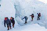 Crossing ladders on the Khumbu icefall on Mount Everest, Solu Khumbu Everest Region, Sagarmatha National Park, UNESCO World Heritage Site, Nepal, Himalayas, Asia