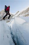 Crossing ladders on the Khumbu icefall on Mount Everest, Solu Khumbu Everest Region, Sagarmatha National Park, UNESCO World Heritage Site, Nepal, Himalayas, Asia