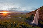 Seljalandsfoss waterfall at sunset, Southern Region, Iceland, Polar Regions