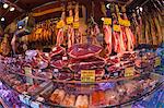 Spanish ham for sale in covered market, Las Ramblas, Barcelona, Catalunya, Spain, Europe