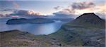 Looking towards the Island of Vagar from the mountains of Streymoy, Faroe Islands, Denmark, Europe