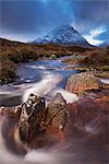 Highland stream running through Rannoch Moor towards Buachaille Etive Mor mountain, Scotland, United Kingdom, Europe