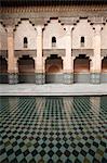 Columned arcades in the central courtyard of the Ben Youssef Medersa, the largest Medersa in Morocco, originally a religious school founded under Abou el Hassan, UNESCO World Heritage Site, Marrakech, Morocco, North Africa, Africa