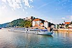 Cruise ship passing on the River Danube, Passau, Bavaria, Germany, Europe