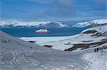 Cruise ship anchoring in the volcanic crater of Deception Island, South Shetland Islands, Antarctica, Polar Regions