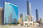 Mosque and contemporary architecture, Abu Dhabi, United Arab Emirates, Middle East