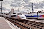 A high speed TGV train arrives at Gare Montparnasse in Paris, France, Europe