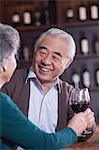 Senior Couple Toasting and Enjoying Themselves Drinking Wine, Focus on Male