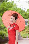 Young Woman in Qipao with Umbrella