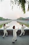 Three Chinese People Practicing Tai Ji