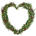 Christmas heart shaped floral wreath with mistletoe, ivy, fir, conifer leaf sprigs and pinecones over white background.