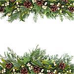 Christmas floral border with mistletoe, ivy. pinecones and winter greenery over white background.