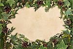 Christmas and winter border with natural mistletoe, ivy, fir and cedar leaf sprigs and pinecones over parchment background.