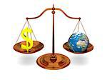 Justice in world of money, bronze scale with planet and dollar sign, isolated on white background