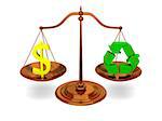 Justice in ecology, concept of profit versus recycling with bronze scale isolated on white background