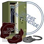 Open padlock and a broken wax seal near the bank safe. The illustration on a white background.